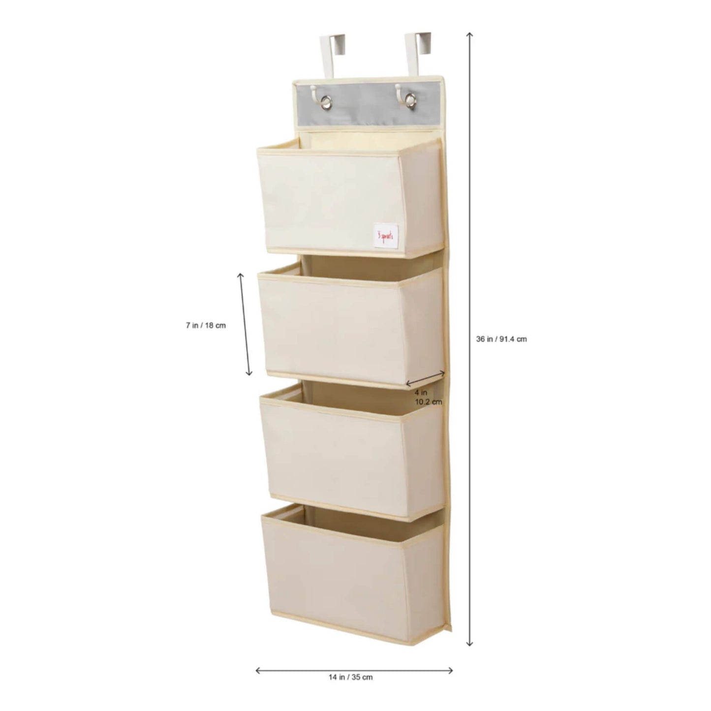 Side view of the 3 Sprouts Hanging Wall Organiser with measurements shown: 36 in tall, 14 in wide, and each pocket measuring 7 in high and 4 in deep.