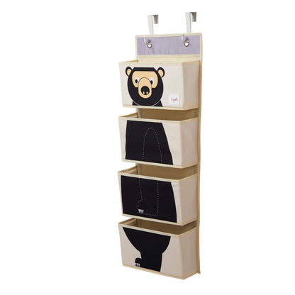3 Sprouts Hanging Wall Organiser featuring a black bear design with four beige storage pockets and included hanging hooks.