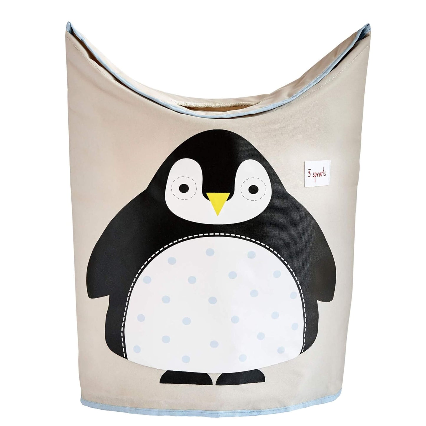 3 Sprouts Laundry Hamper featuring a black and white penguin with polka dot belly, shown upright with blue trim and visible 3 Sprouts logo.