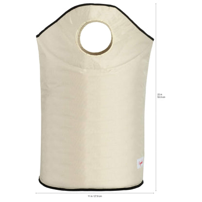 Rear view of the laundry hamper with circular carry handle and black trim, highlighting the full height and width dimensions.