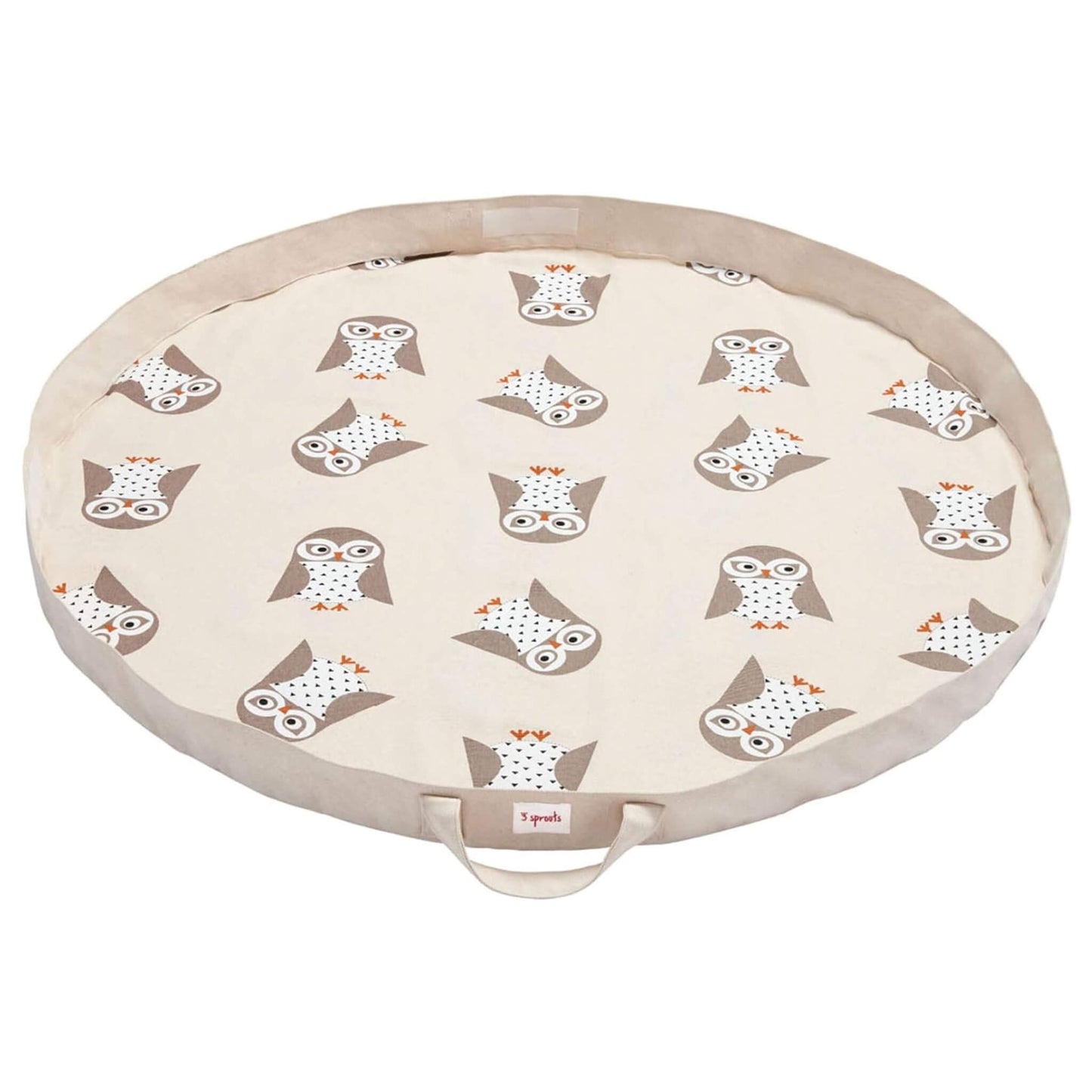 Soft circular play mat with beige trim and all-over owl print, shown fully open. Branded 3 Sprouts label on the front handle.