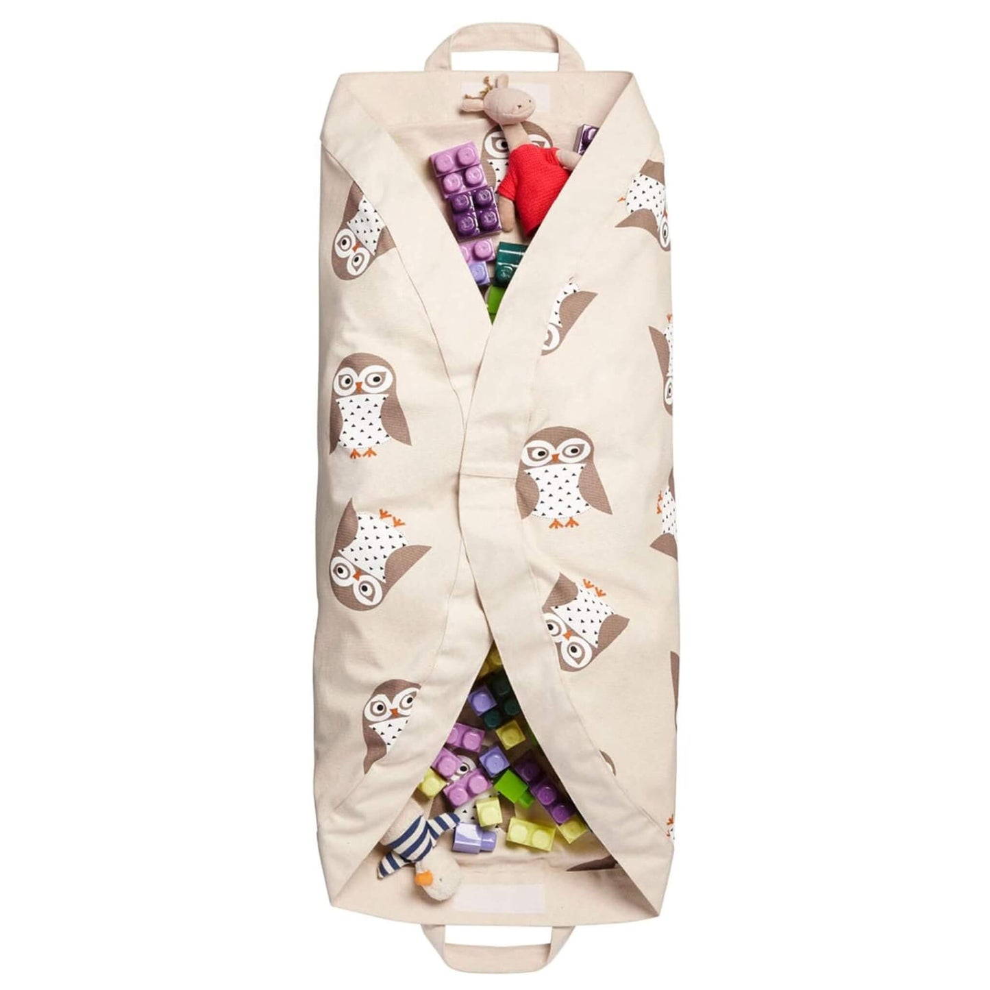 3 Sprouts Owl Play Mat transformed into toy storage bag, filled with blocks and soft toys. Drawstring sides folded inwards.