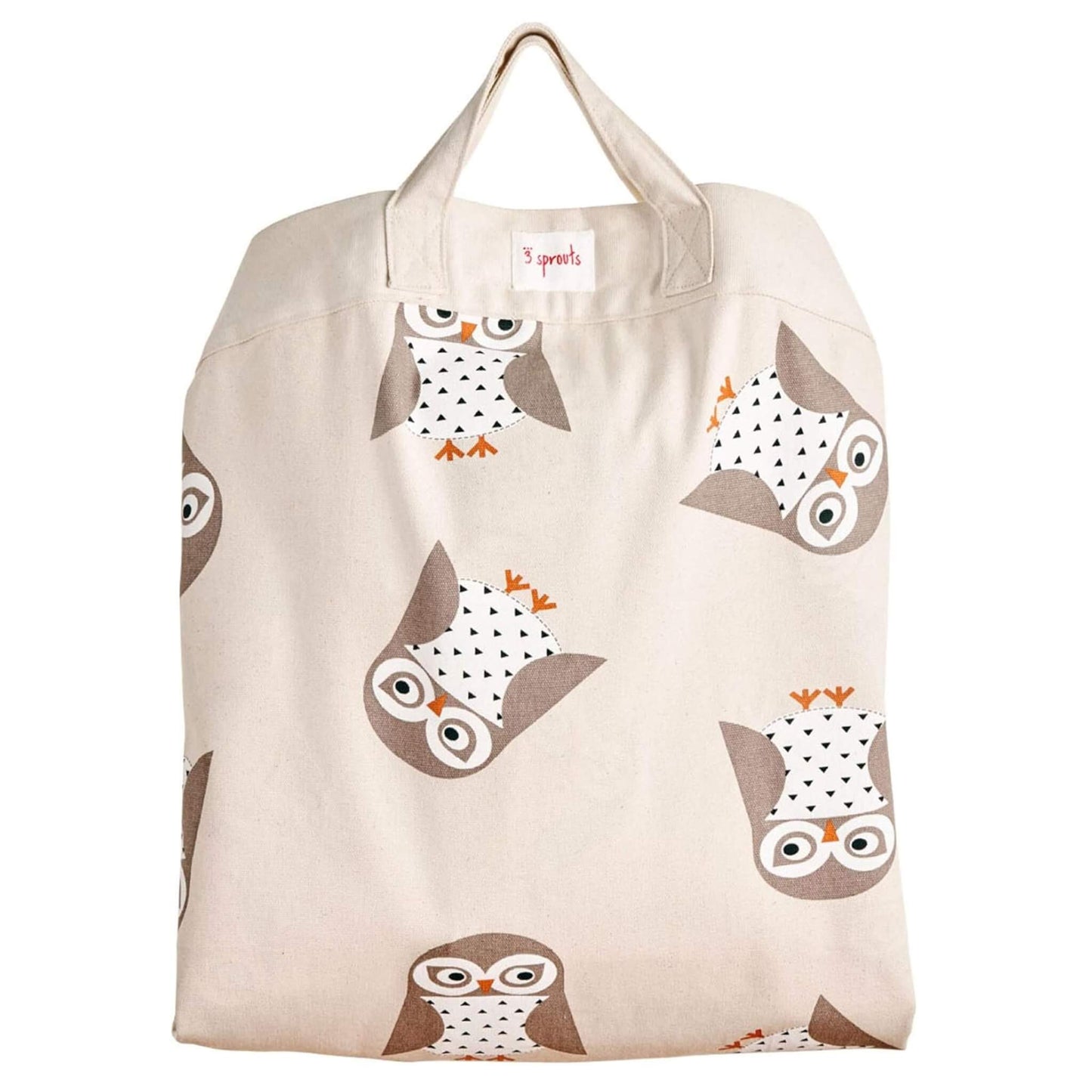 Toy storage bag fully cinched and upright, showing beige handles and owl pattern with visible 3 Sprouts branding.