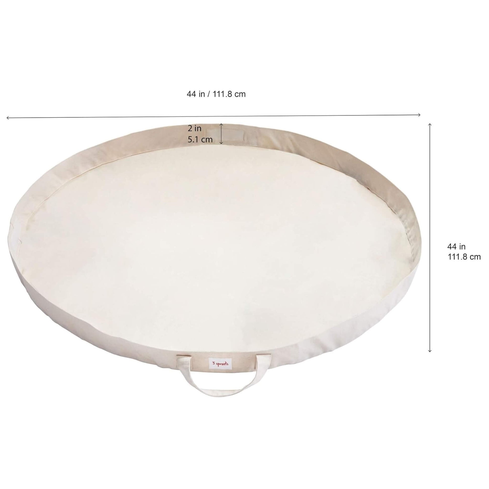 Product dimensions of circular mat shown: 44 inches wide with 2-inch sides. Beige canvas material and front carry handle visible.