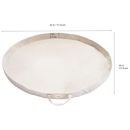 Product dimensions of circular mat shown: 44 inches wide with 2-inch sides. Beige canvas material and front carry handle visible.
