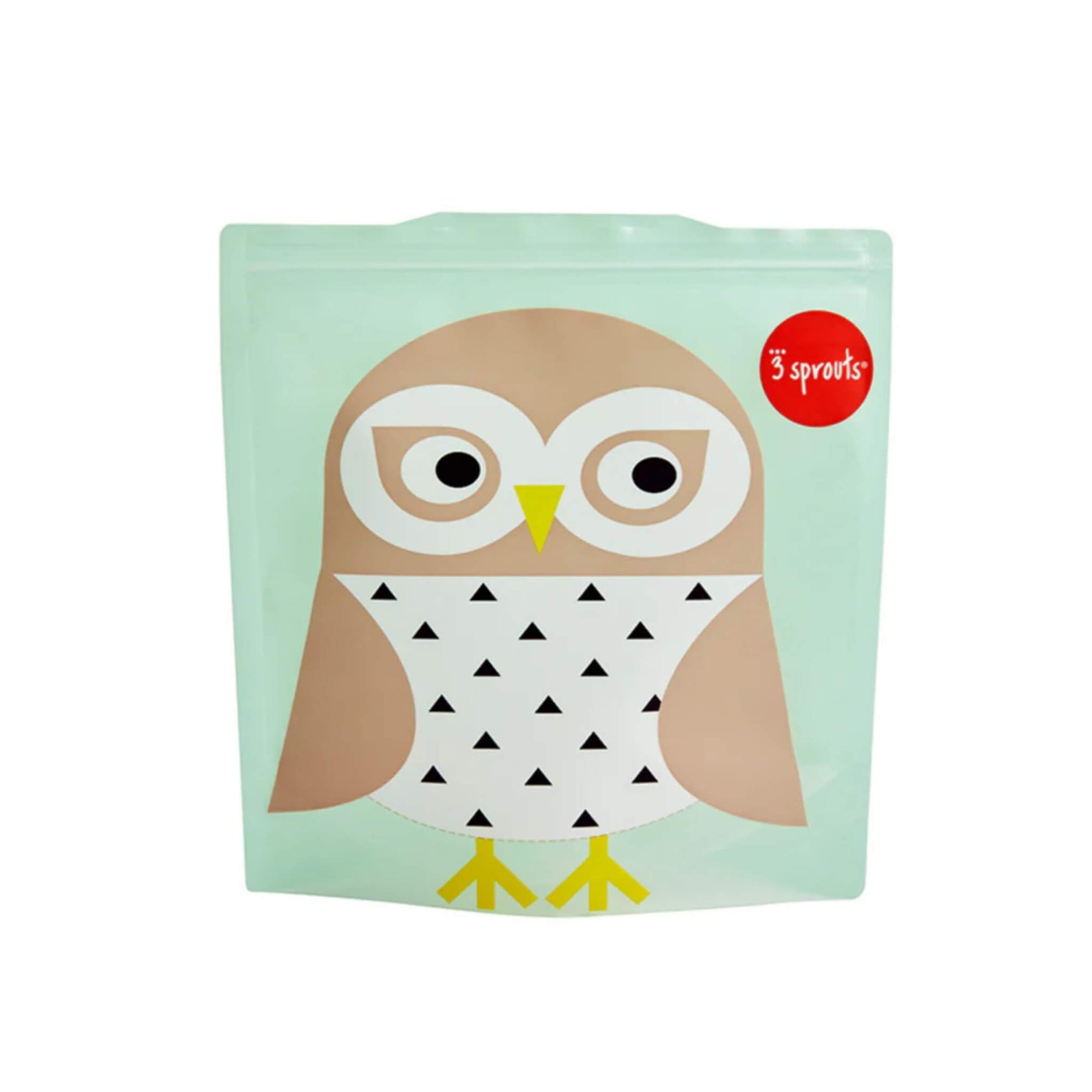Reusable sandwich bag with a cute owl design from 3 Sprouts, featuring a mint background and secure press-seal top.