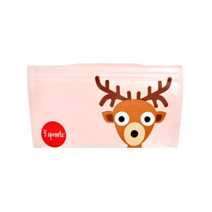 3 Sprouts reusable snack bag with deer design, featuring a press-seal closure and soft pink background.