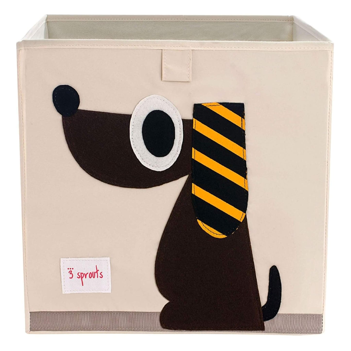 Square fabric storage box featuring a brown dog with a yellow and black striped ear on the front; part of the 3 Sprouts animal storage collection.
