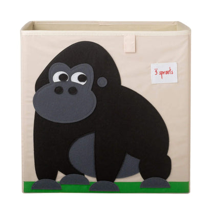 Square fabric storage box with a felt applique of a black and grey gorilla, from 3 Sprouts. Features a reinforced insert and stitched logo label.
