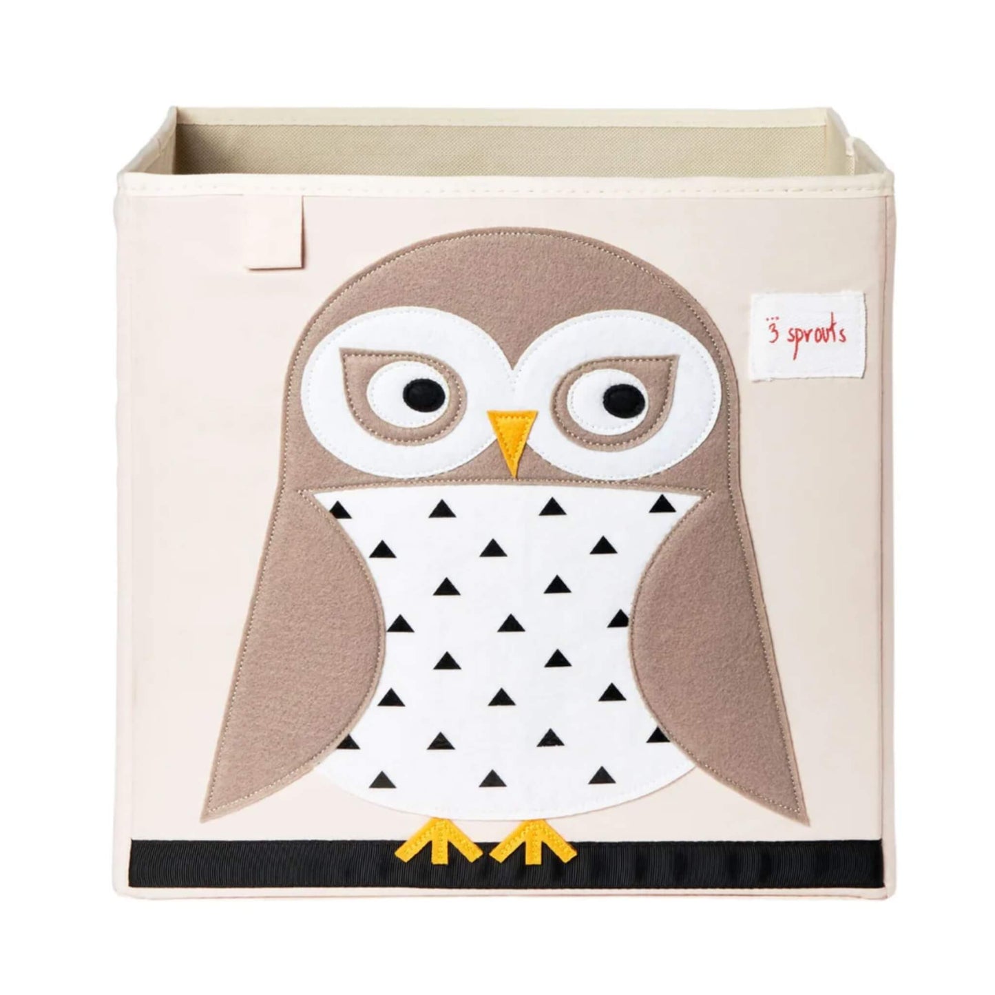 Square beige storage box featuring a felt owl with a white and grey body, triangle pattern tummy and yellow beak, by 3 Sprouts.