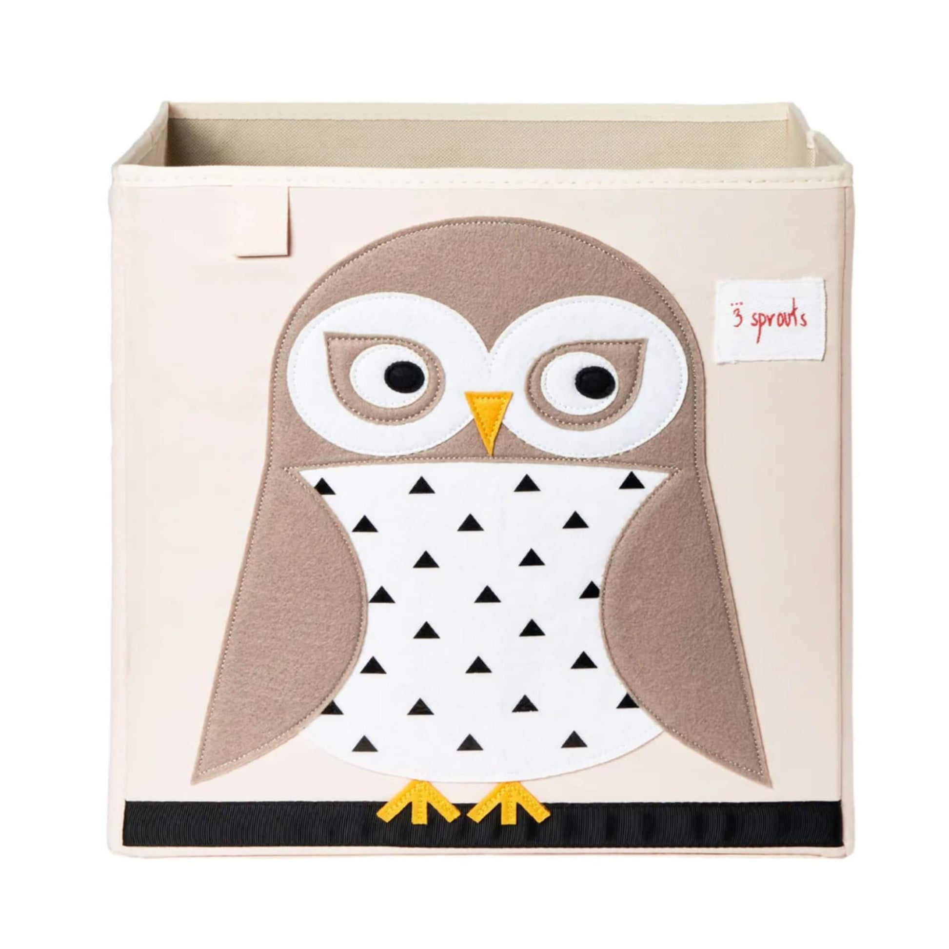 Square beige storage box featuring a felt owl with a white and grey body, triangle pattern tummy and yellow beak, by 3 Sprouts.