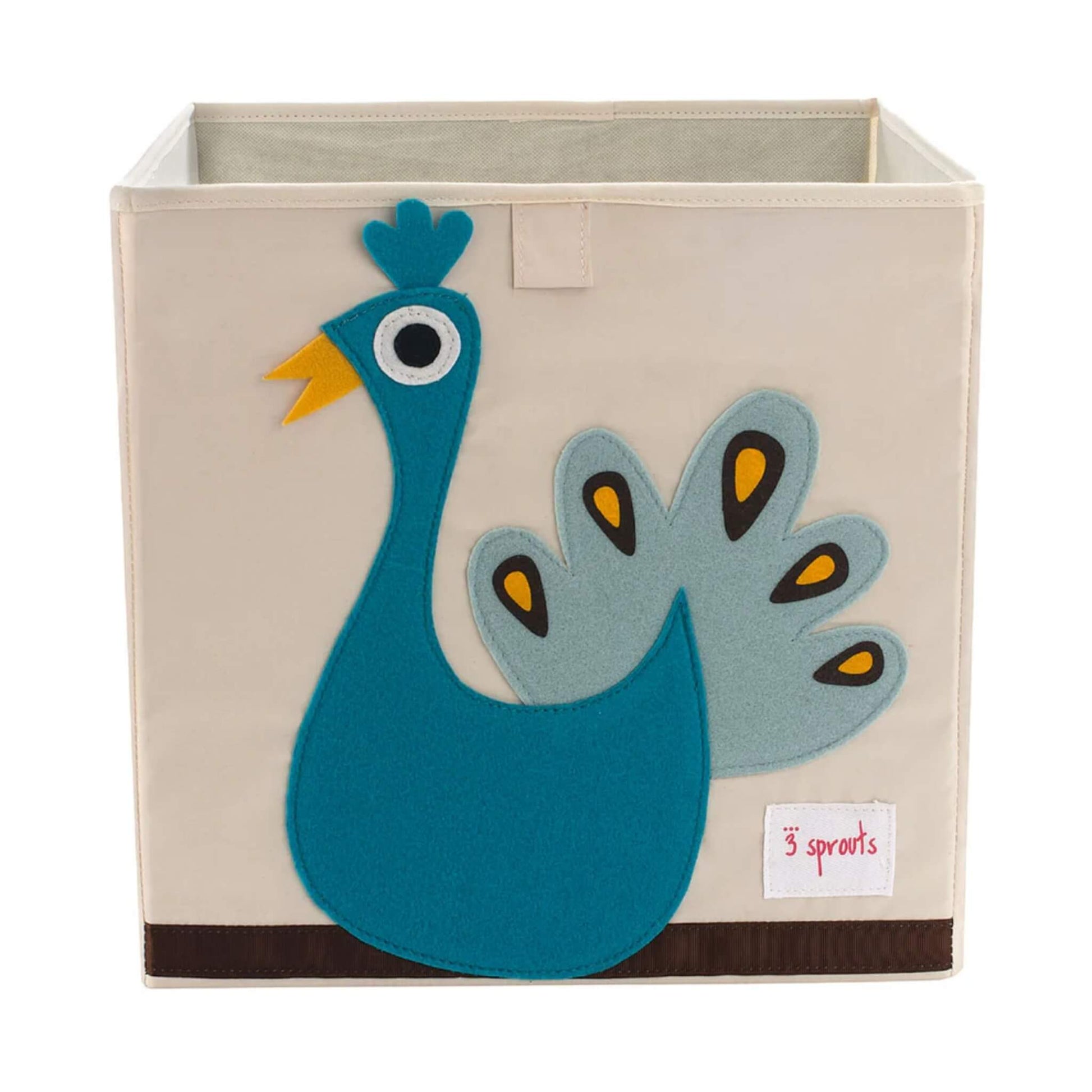 3 Sprouts Storage Box with a bright blue peacock design stitched onto the front of a beige cube-shaped organiser.
