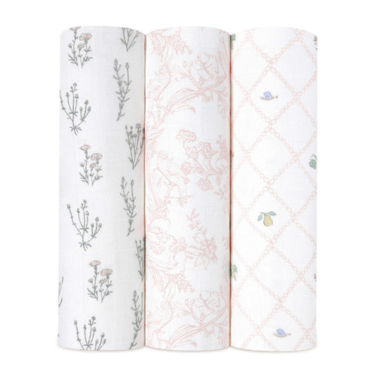 Pack of 3 aden + anais Silky Soft Swaddles,  made from a luxurious blend of viscose made from bamboo and cotton. This blend creates a soft, breathable fabric that is gentle on a baby's delicate skin.