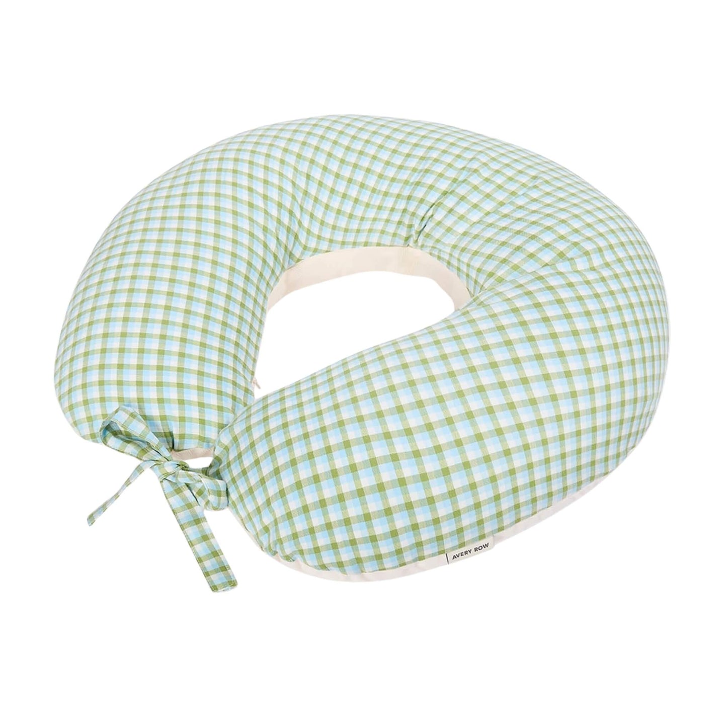 Avery Row Nursing Pillow in Greenhouse Gingham, with a curved supportive shape, soft organic cotton cover and tie fastening.