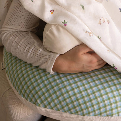 A close-up of a person cradling a baby support pillow. The pillow features a green and light blue gingham pattern with a cream-colored fabric border.