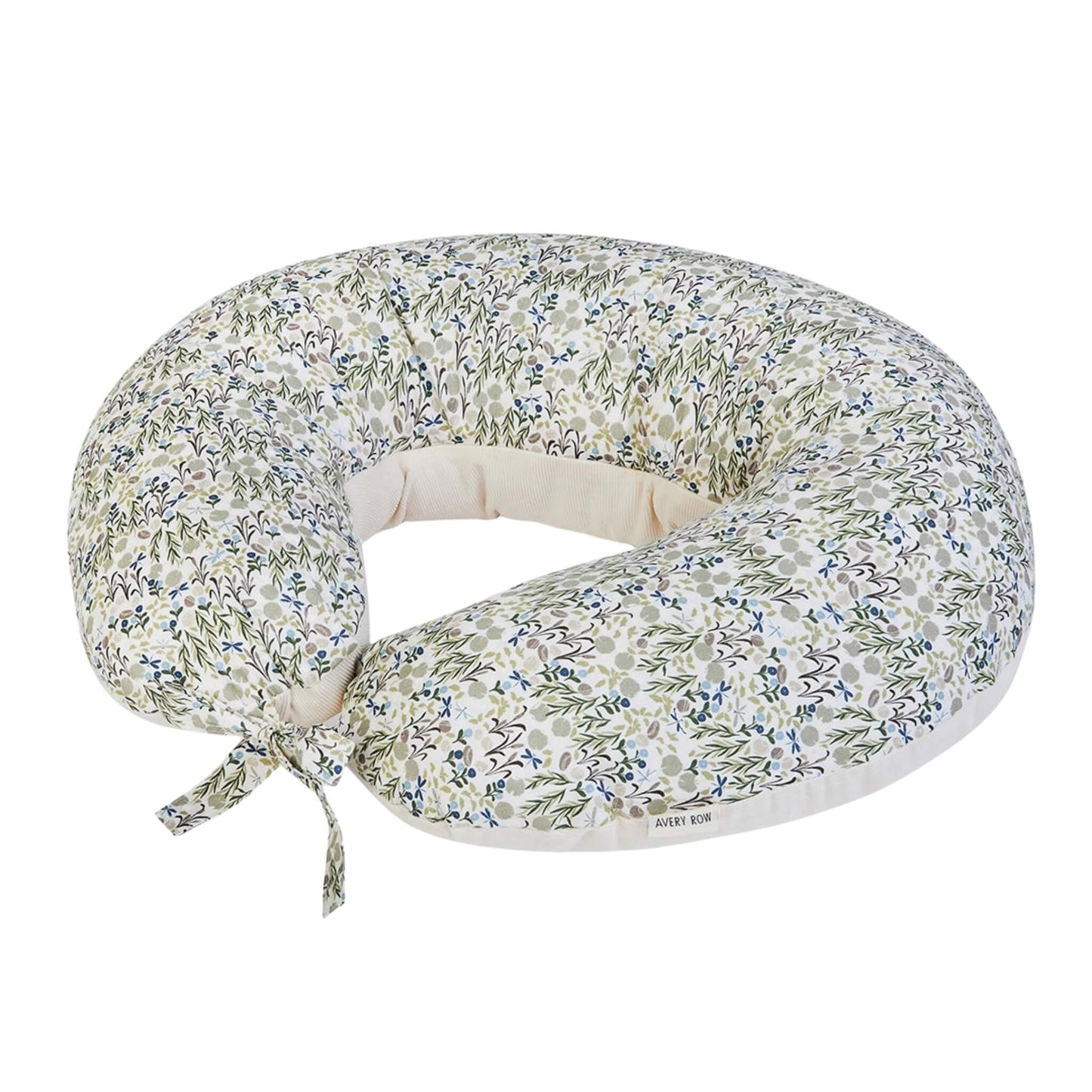 Avery Row Nursing Pillow in Riverbank print, with a curved supportive shape, organic cotton cover and tie fastening.