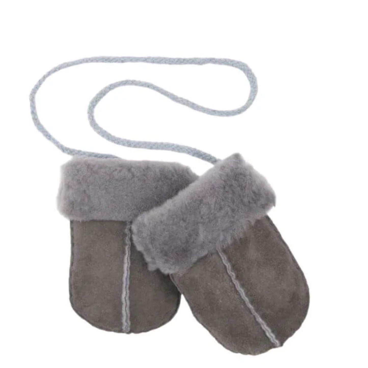 Baa Baby grey sheepskin baby mittens with soft wool cuffs and string attachment, displayed against a plain background.