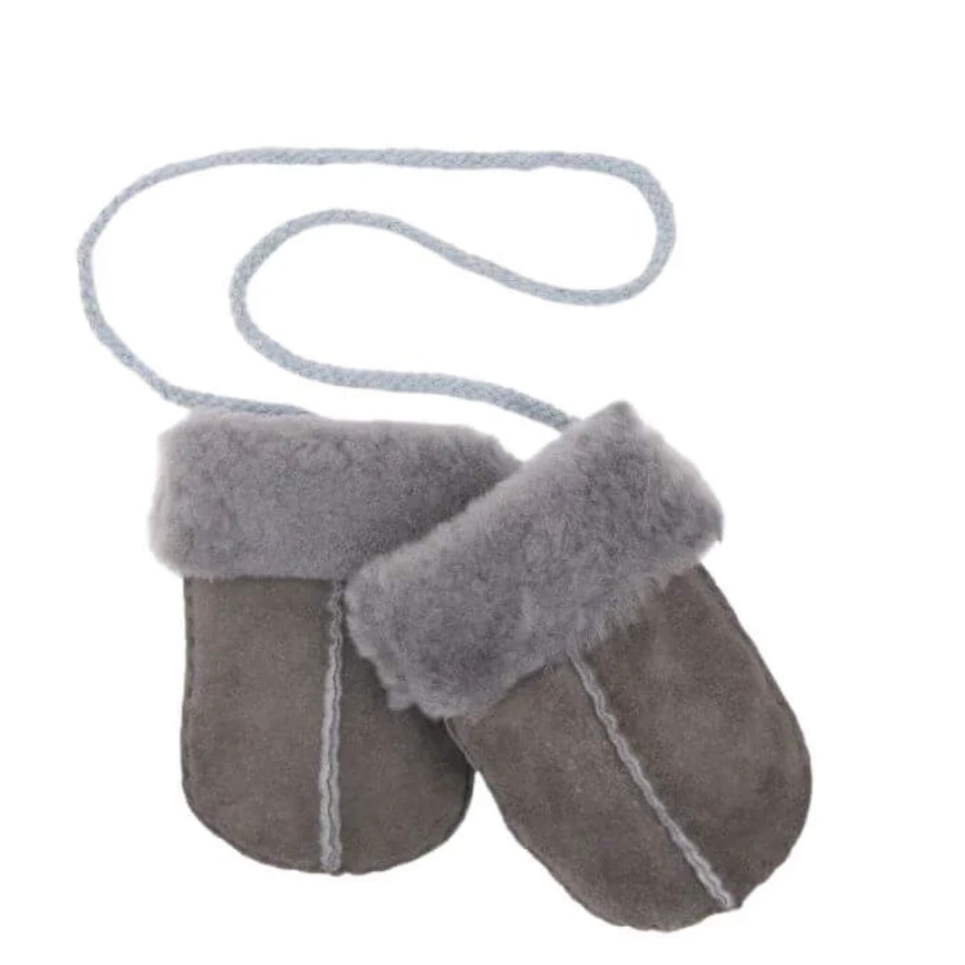 Baa Baby grey sheepskin baby mittens with soft wool cuffs and string attachment, displayed against a plain background.