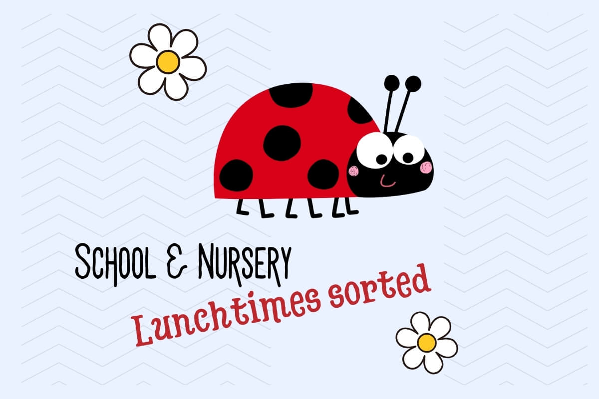 Cheerful ladybird illustration with daisies and the words School & Nursery, Lunchtimes Sorted.