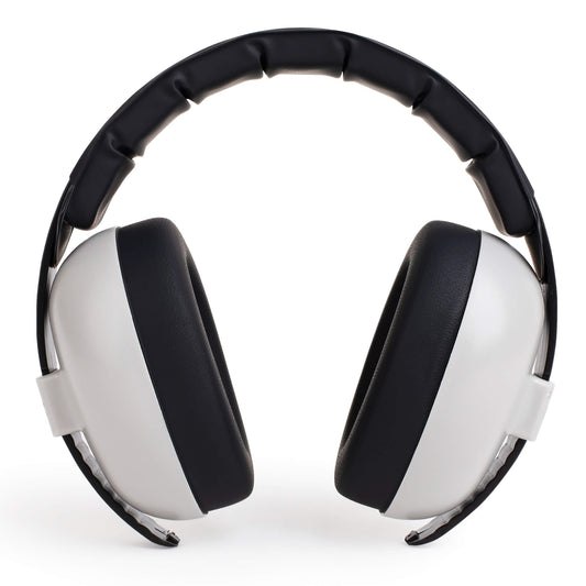 BANZ® Hear No Blare™ Baby Earmuffs in grey with black padded ear cushions and headband on a white background.