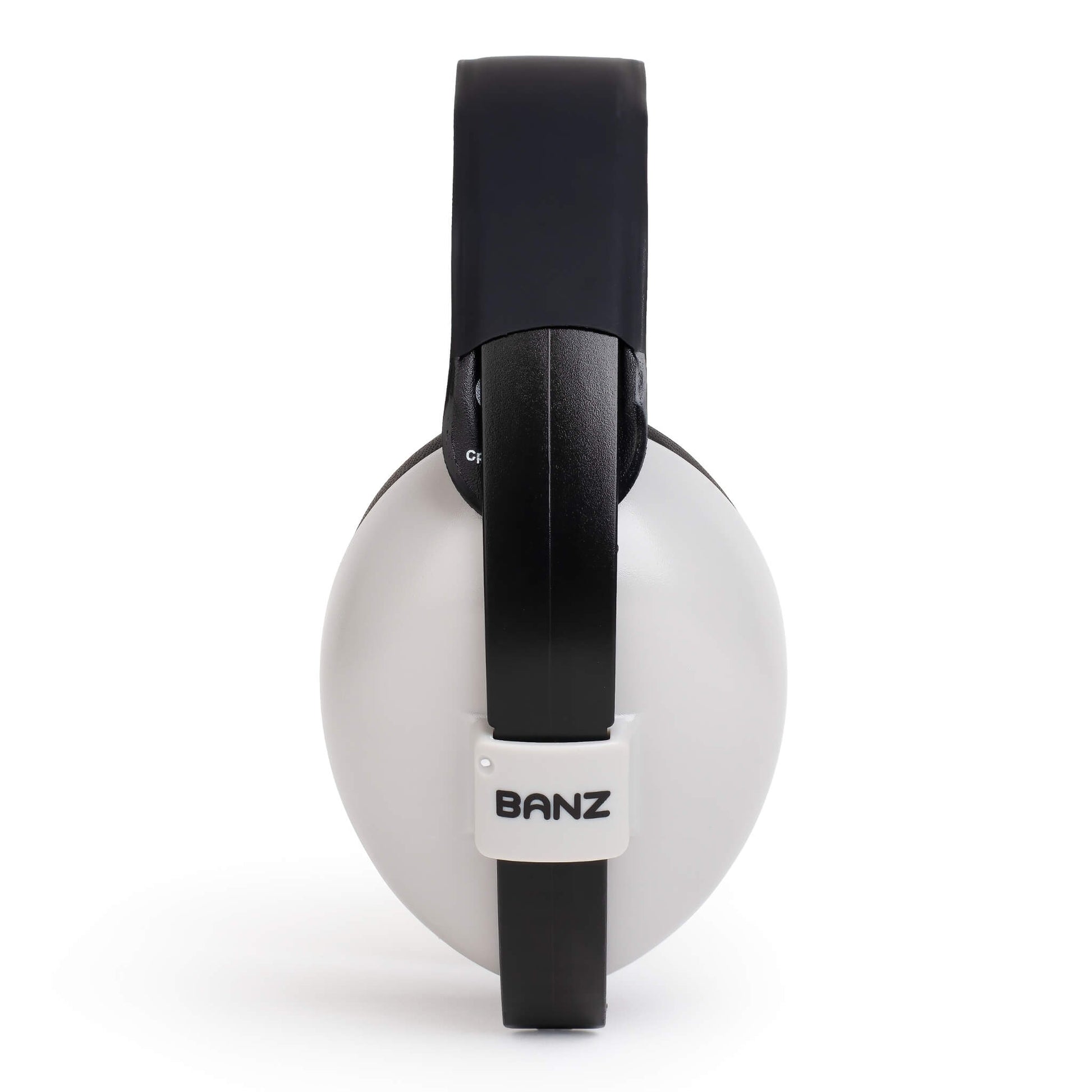 A side view of grey and black baby earmuffs showing the BANZ logo and padded headband.