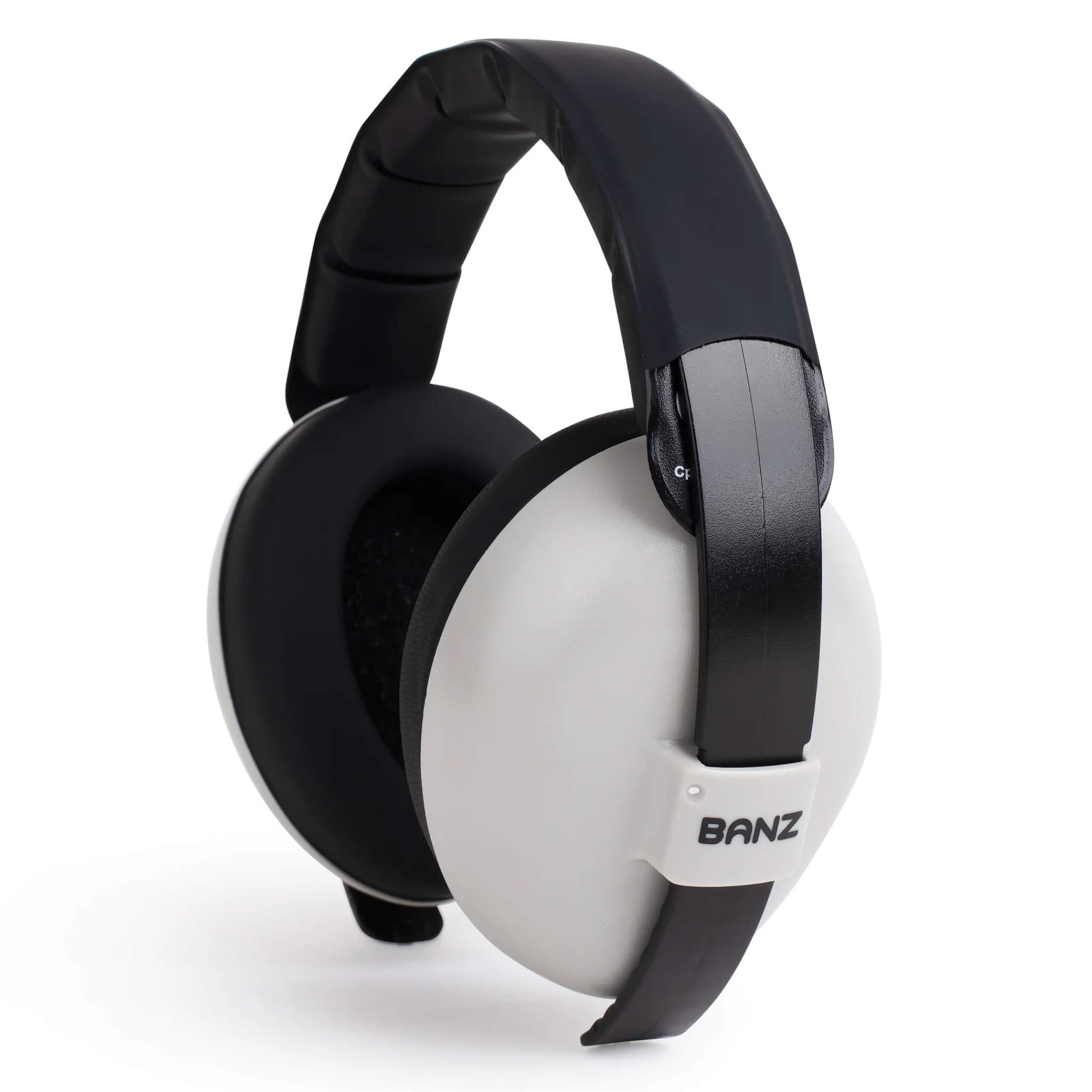 A three-quarter view of grey baby earmuffs with black over-ear cushions and a padded headband.