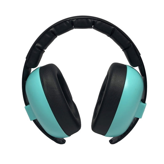 BANZ® Hear No Blare™ Baby Earmuffs in lagoon blue with black padded ear cushions and headband on a white background.