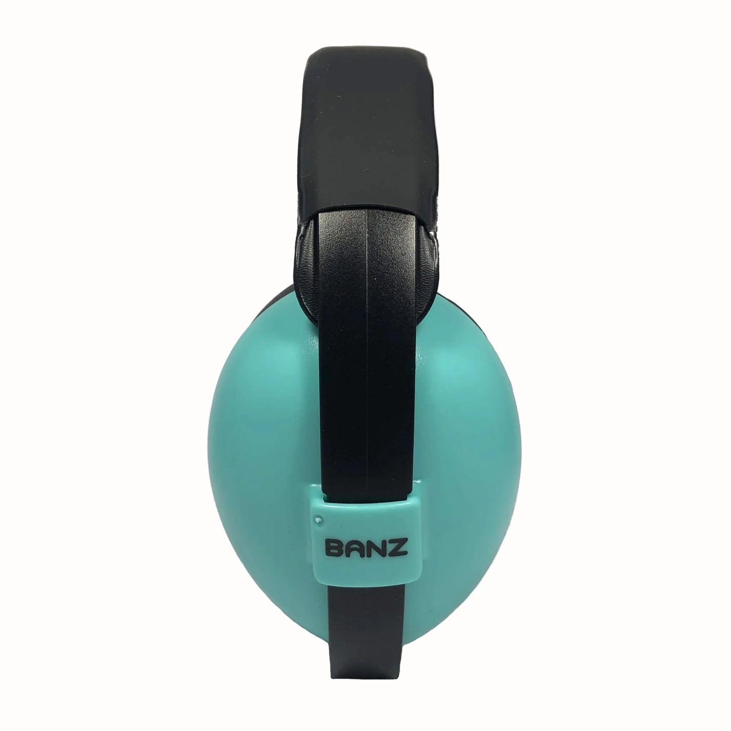 A side view of lagoon blue baby earmuffs showing the BANZ logo and padded headband.