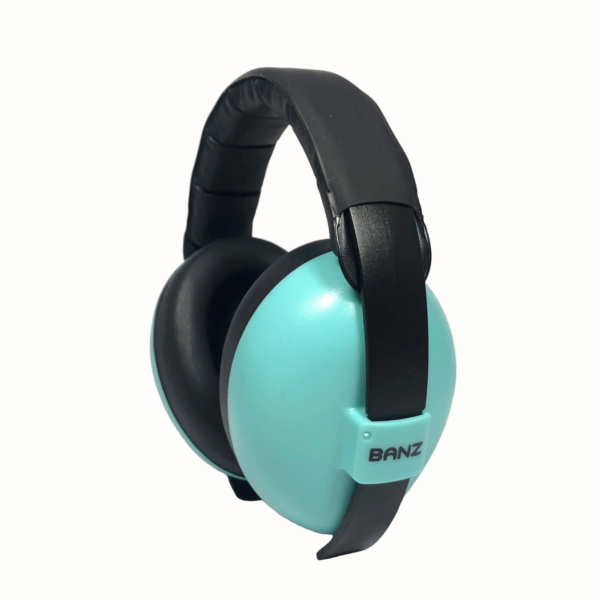 A three-quarter view of lagoon blue baby earmuffs with black over-ear cushions and a padded headband.