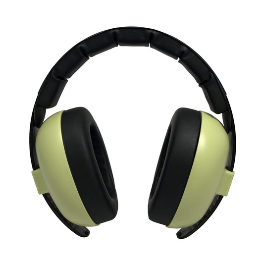 BANZ® Hear No Blare™ Baby Earmuffs in green with black padded ear cushions and headband on a white background.