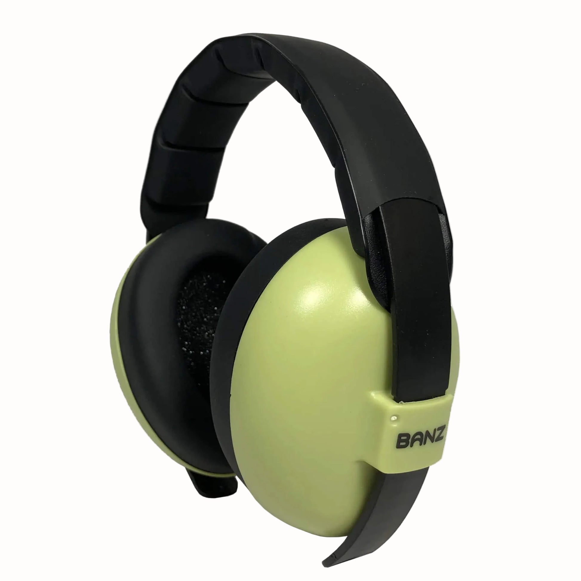 A three-quarter view of green baby earmuffs with black over-ear cushions and a padded headband.