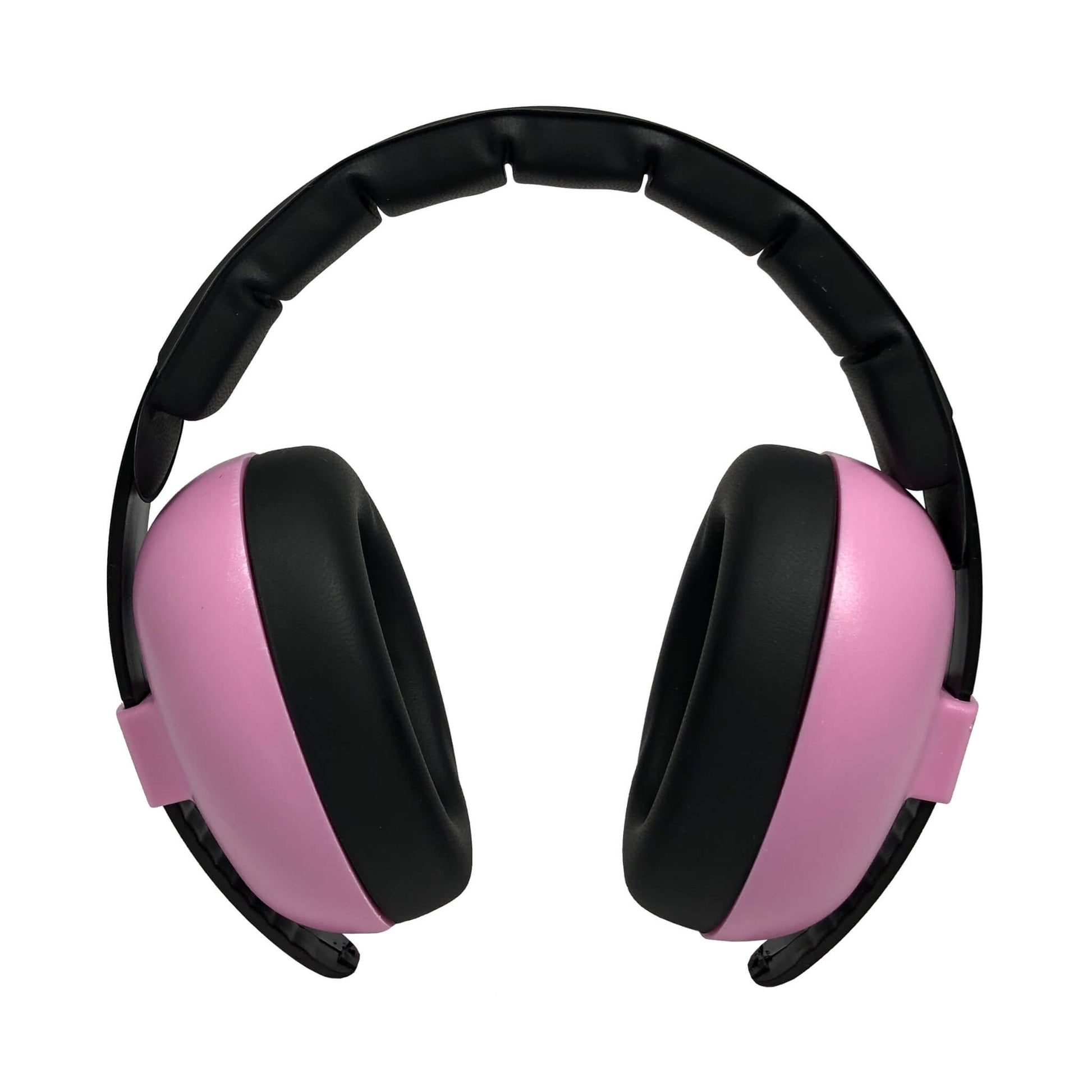 BANZ® Hear No Blare™ Baby Earmuffs in pink with black padded ear cushions and headband on a white background.
