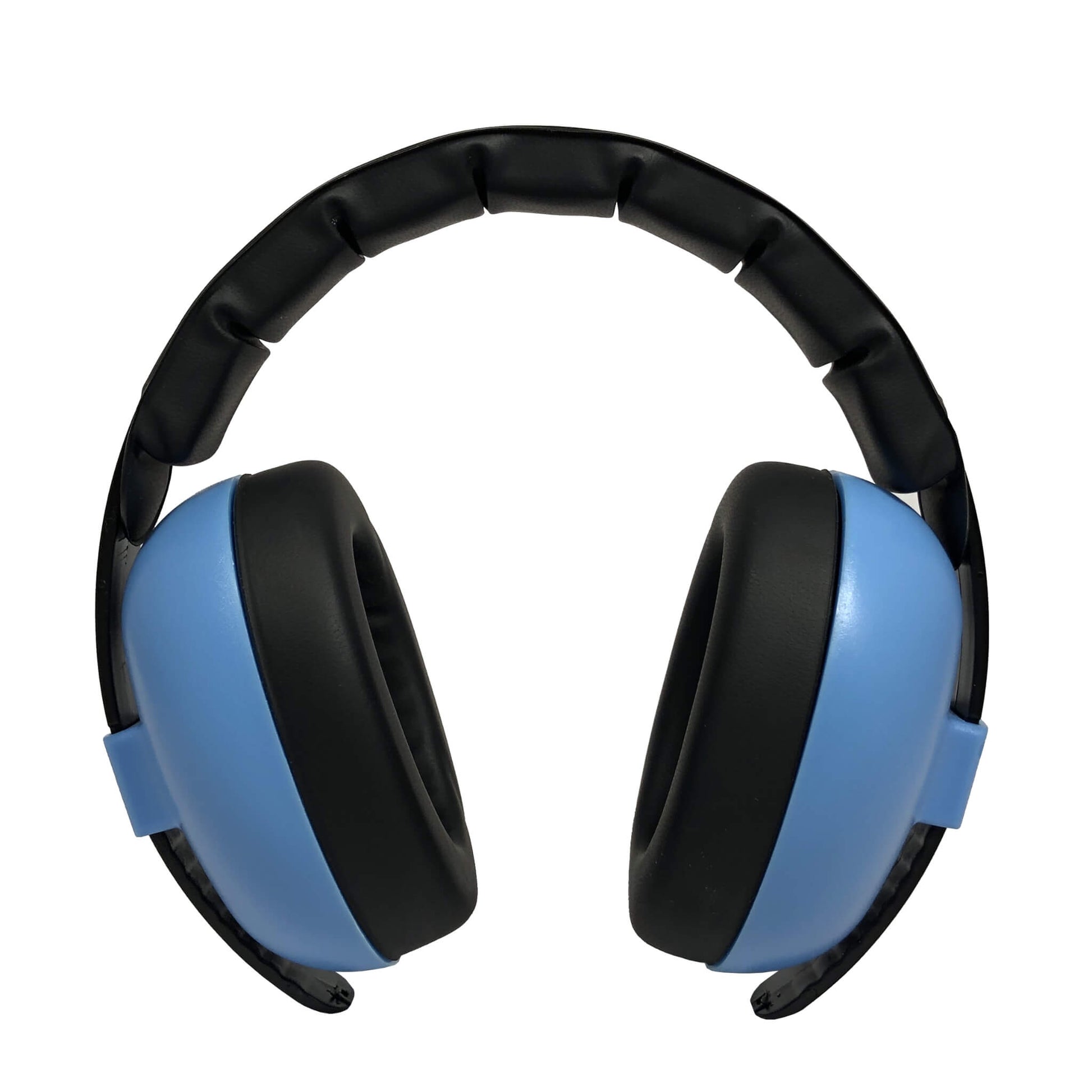 BANZ® Hear No Blare™ Baby Earmuffs in blue with black padded ear cushions and headband on a white background.