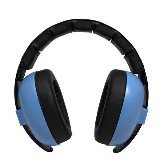 BANZ® Hear No Blare™ Baby Earmuffs in blue with black padded ear cushions and headband on a white background.