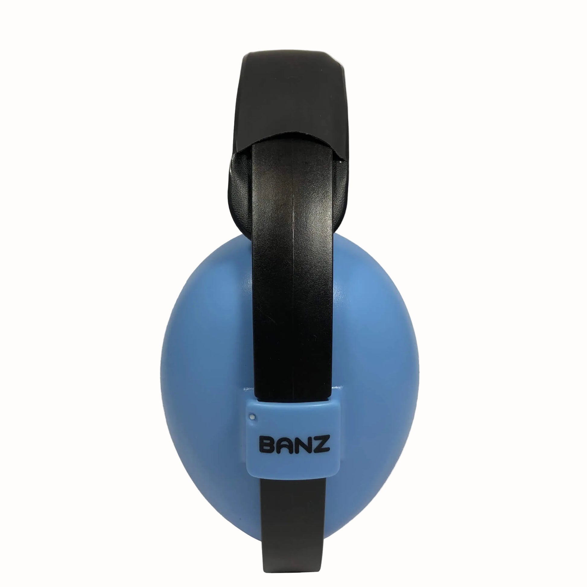 A side view of blue and black baby earmuffs showing the BANZ logo and padded headband.