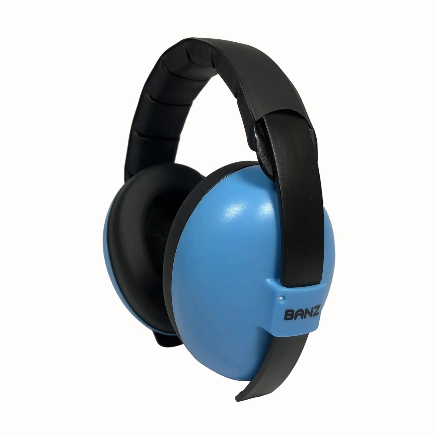 A side view of blue baby earmuffs with black over-ear cushions and a padded headband.