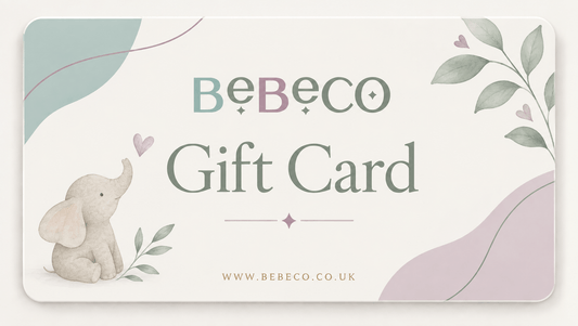 A square Bebeco gift card with rounded corners, featuring a soft pastel design with a small elephant illustration, leafy branches, abstract curved shapes, and the text 'BeBeco Gift Card' and 'www.bebeco.co.uk