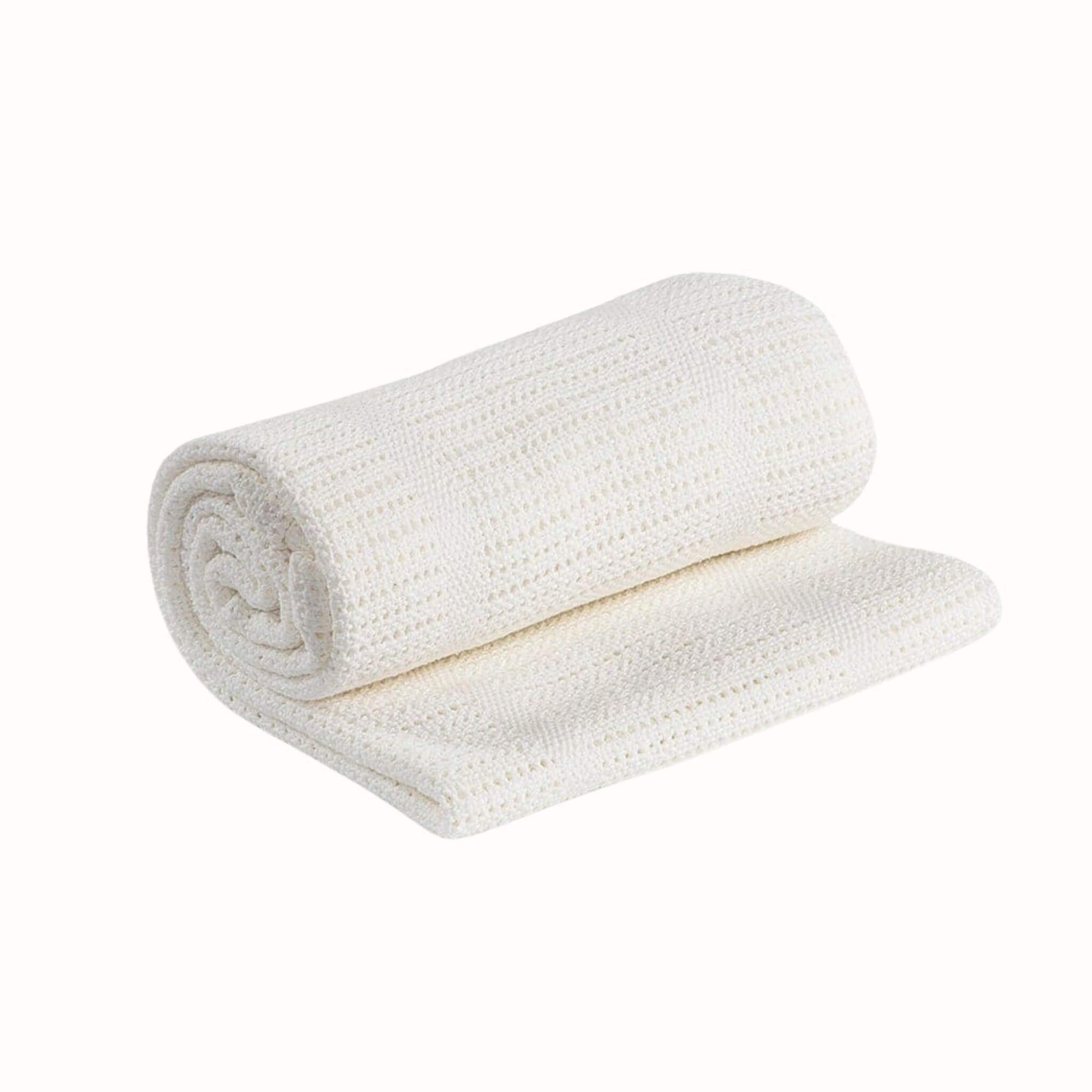 White knitted cellular baby blanket shown rolled with one section unfolded to display the breathable open weave texture.
