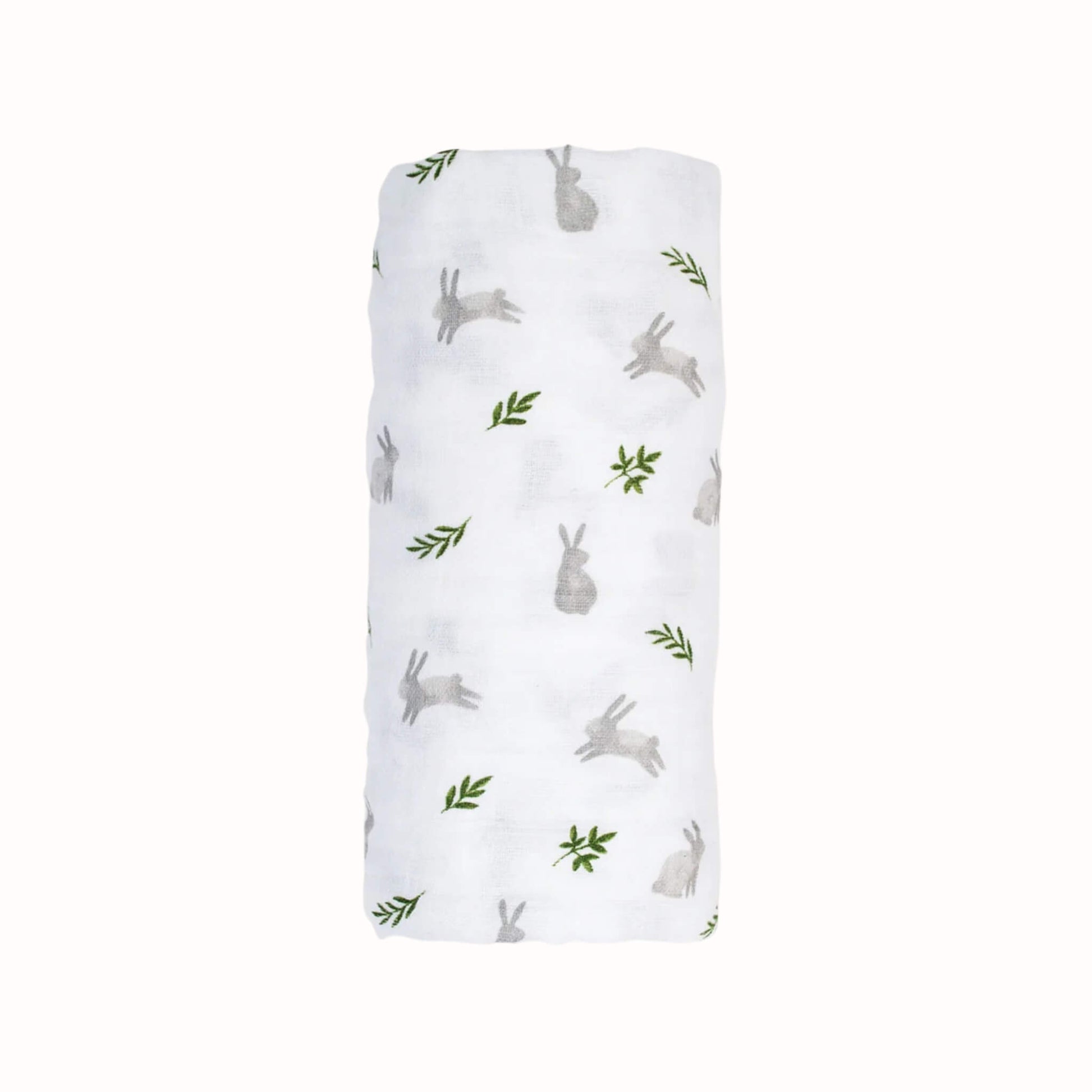 Rolled white muslin swaddle featuring a scattered pattern of soft grey bunnies and small green leaves shown against a plain background.