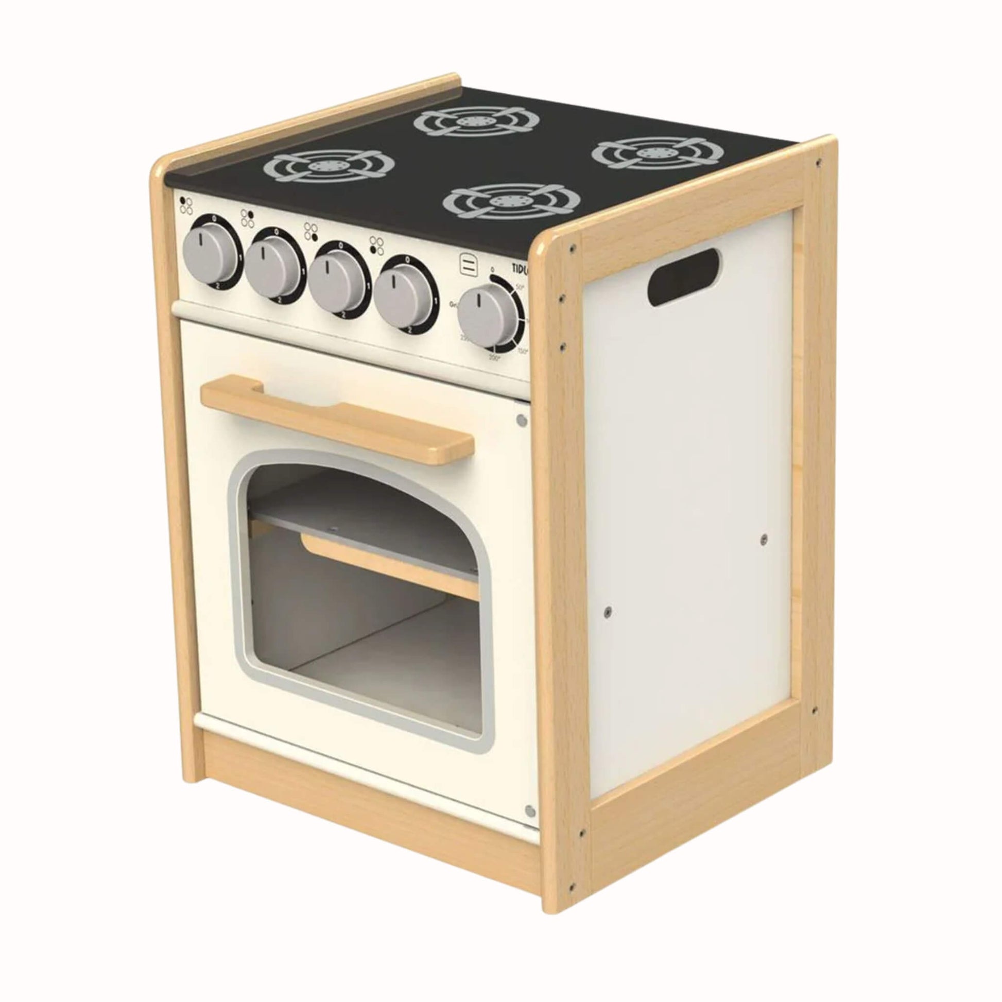 Wooden toy oven with black hob surface, four printed burners, turning control knobs, and a front-opening door with a clear window.