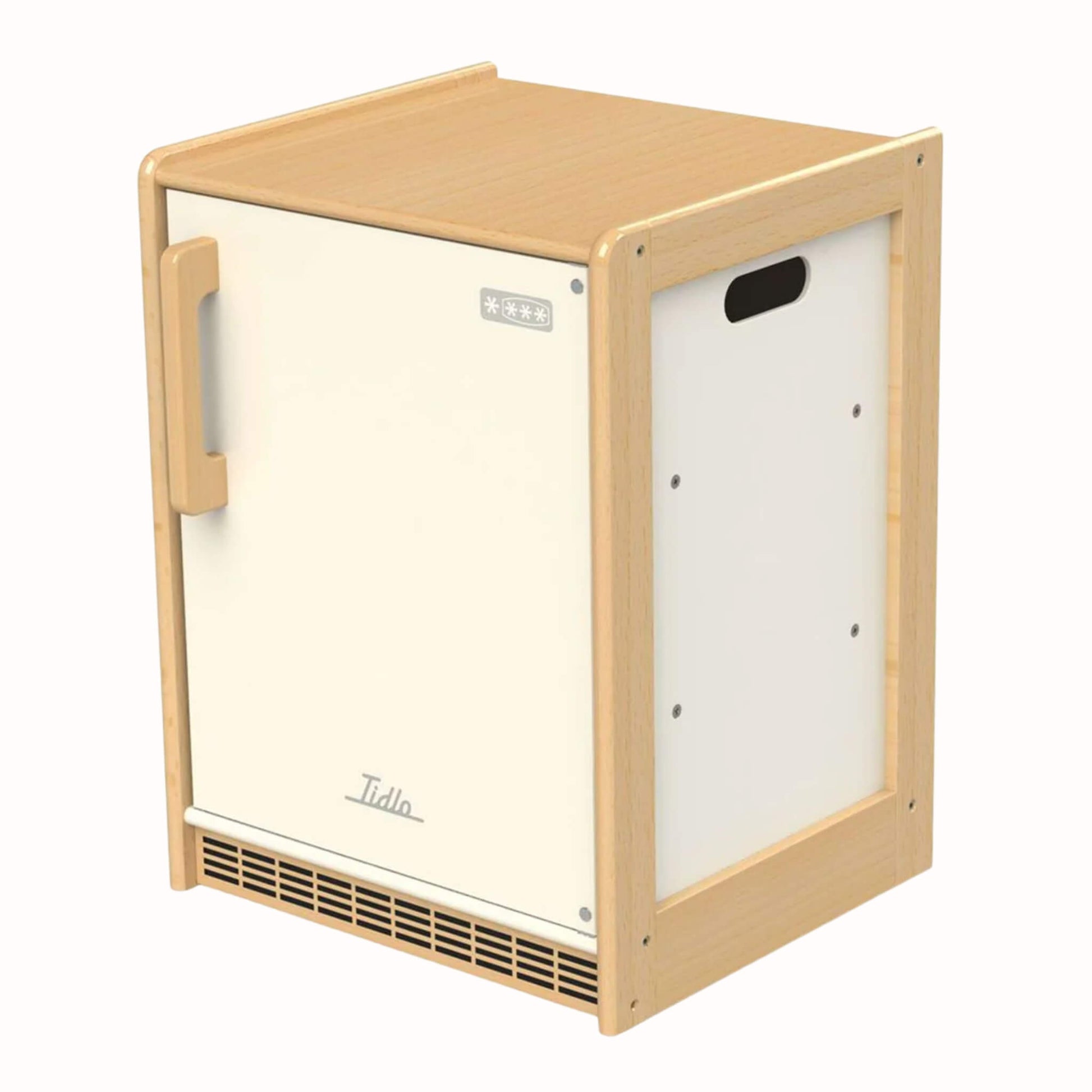 Wooden toy fridge unit in a cream finish with a single door, handle, and lower vent detail, designed to resemble a compact refrigerator.