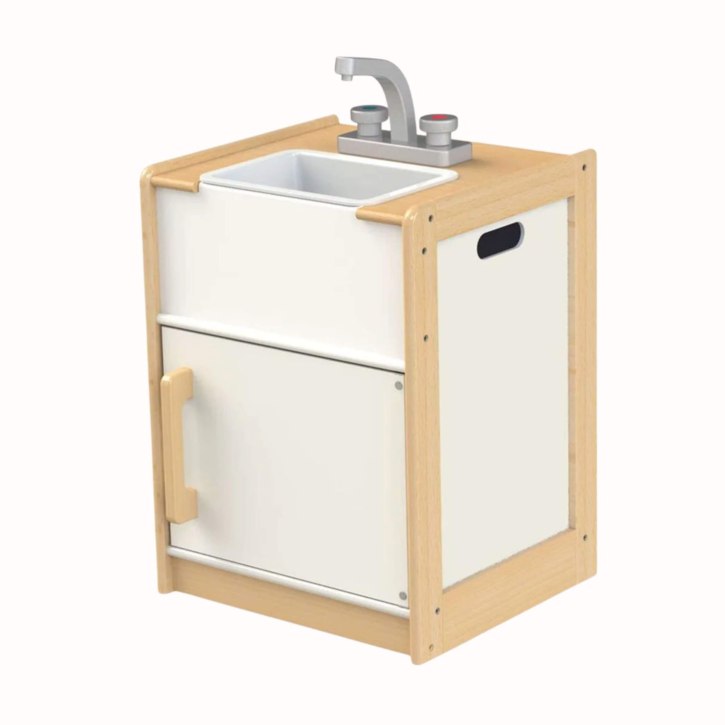 Wooden play sink unit with a removable white basin, silver tap with hot and cold knobs, and a cupboard door underneath for storage.