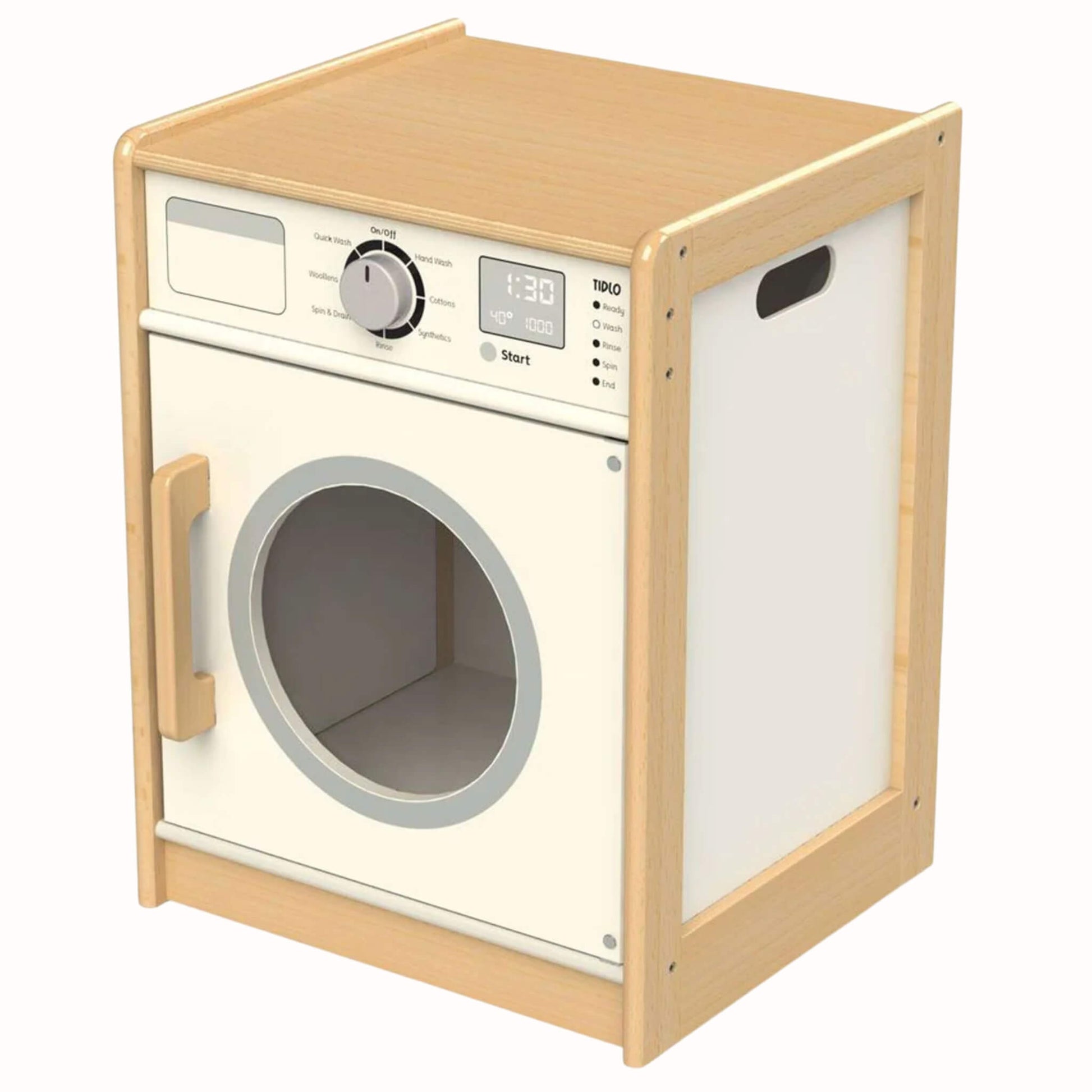 Wooden toy washing machine with a front-loading circular door, printed control panel, dial, and simple display details.