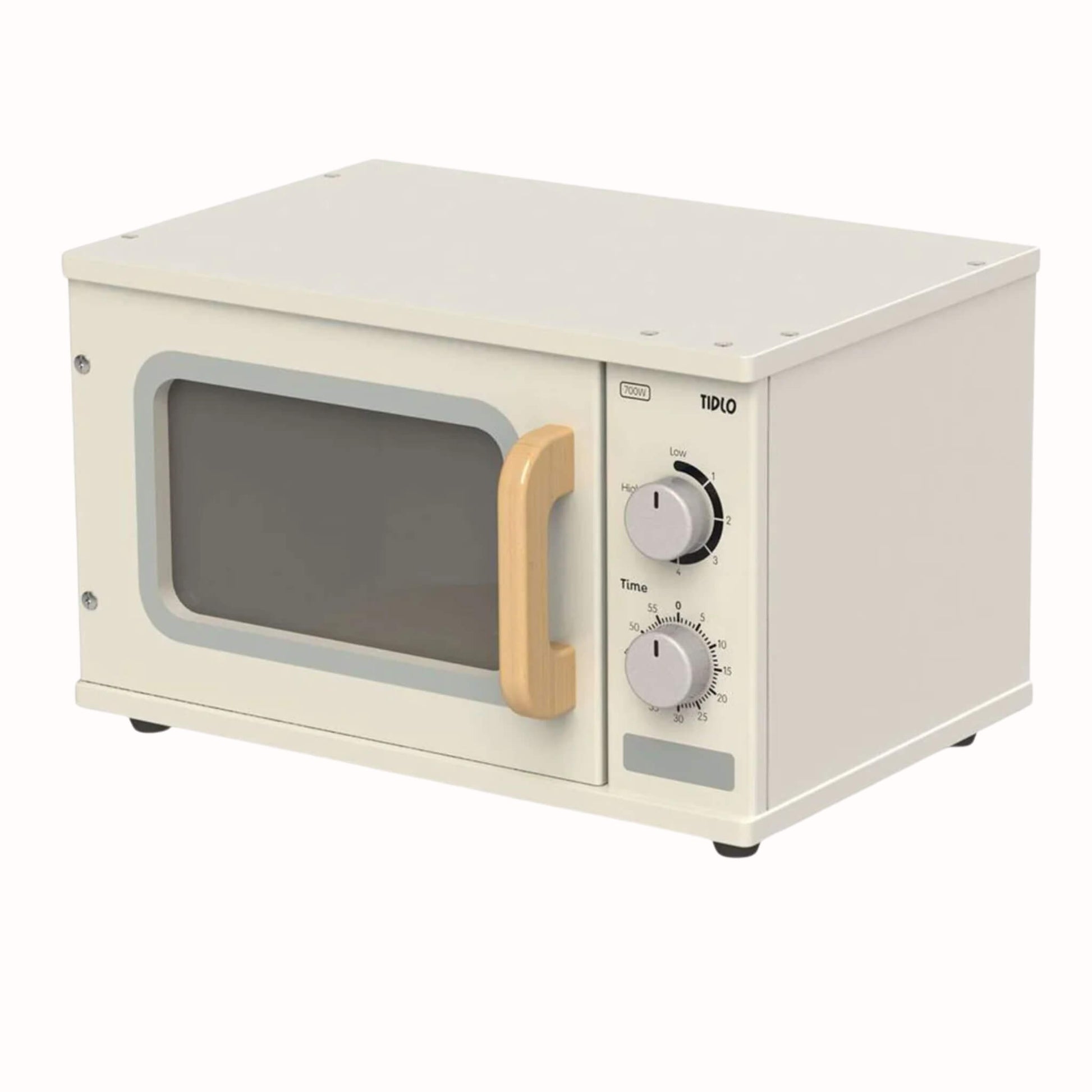 Wooden toy microwave in a compact rectangular shape with a front window, handle, and two turning control dials on the side.