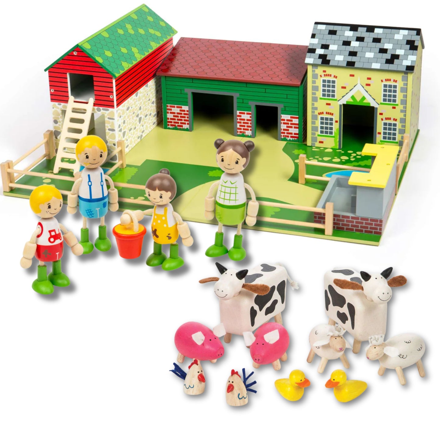 A complete farm play scene featuring the Bebeco Tidlo Life on the Farm Bundle with Oldfield Farm, farmer family figures and wooden farm animals.