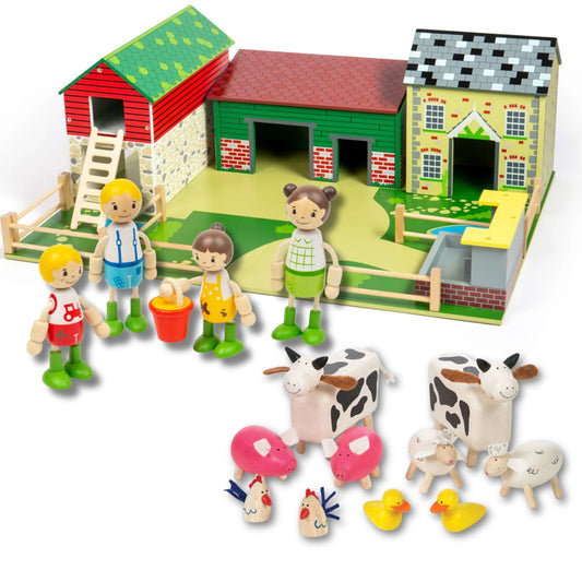 A complete farm play scene featuring the Bebeco Tidlo Life on the Farm Bundle with Oldfield Farm, farmer family figures and wooden farm animals.