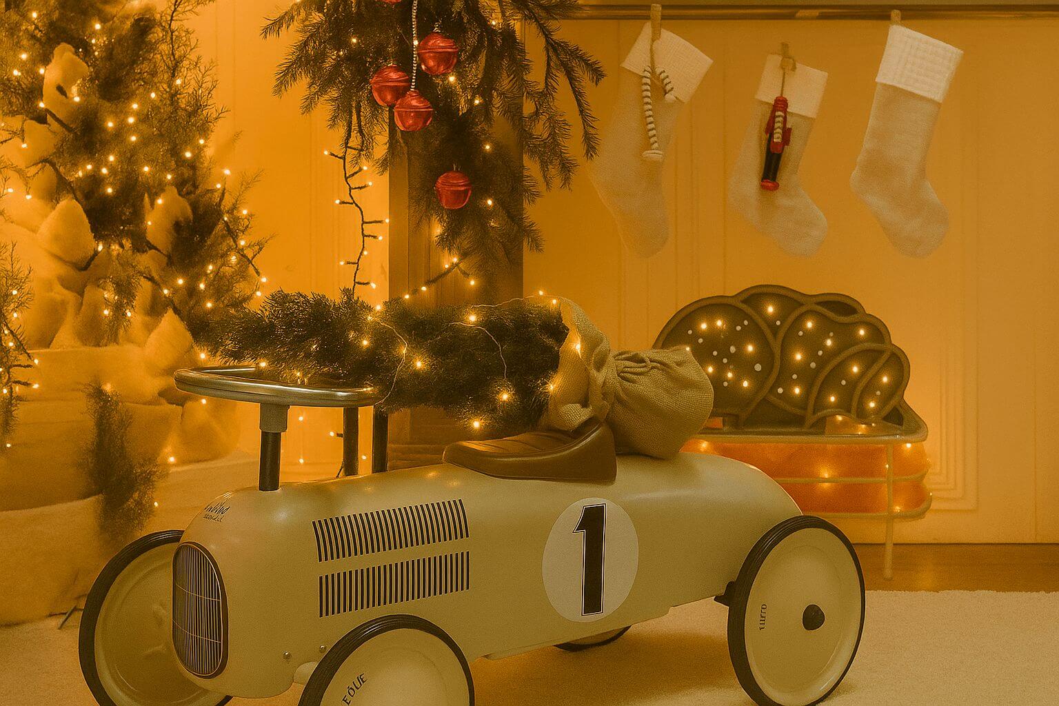 A cosy Christmas scene featuring a vintage-style ride-on toy car with the number 1 on the side, carrying a small lit Christmas tree and a sack. Warm fairy lights decorate the trees and garland, with three hanging stockings and a softly glowing cloud-shaped children’s bench in the background.