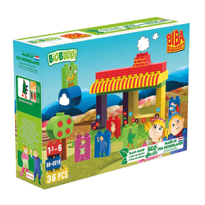 BiOBUDDi Biba Farm set shown in its retail box, featuring the colourful farm scene, character blocks and eco-friendly labelling.