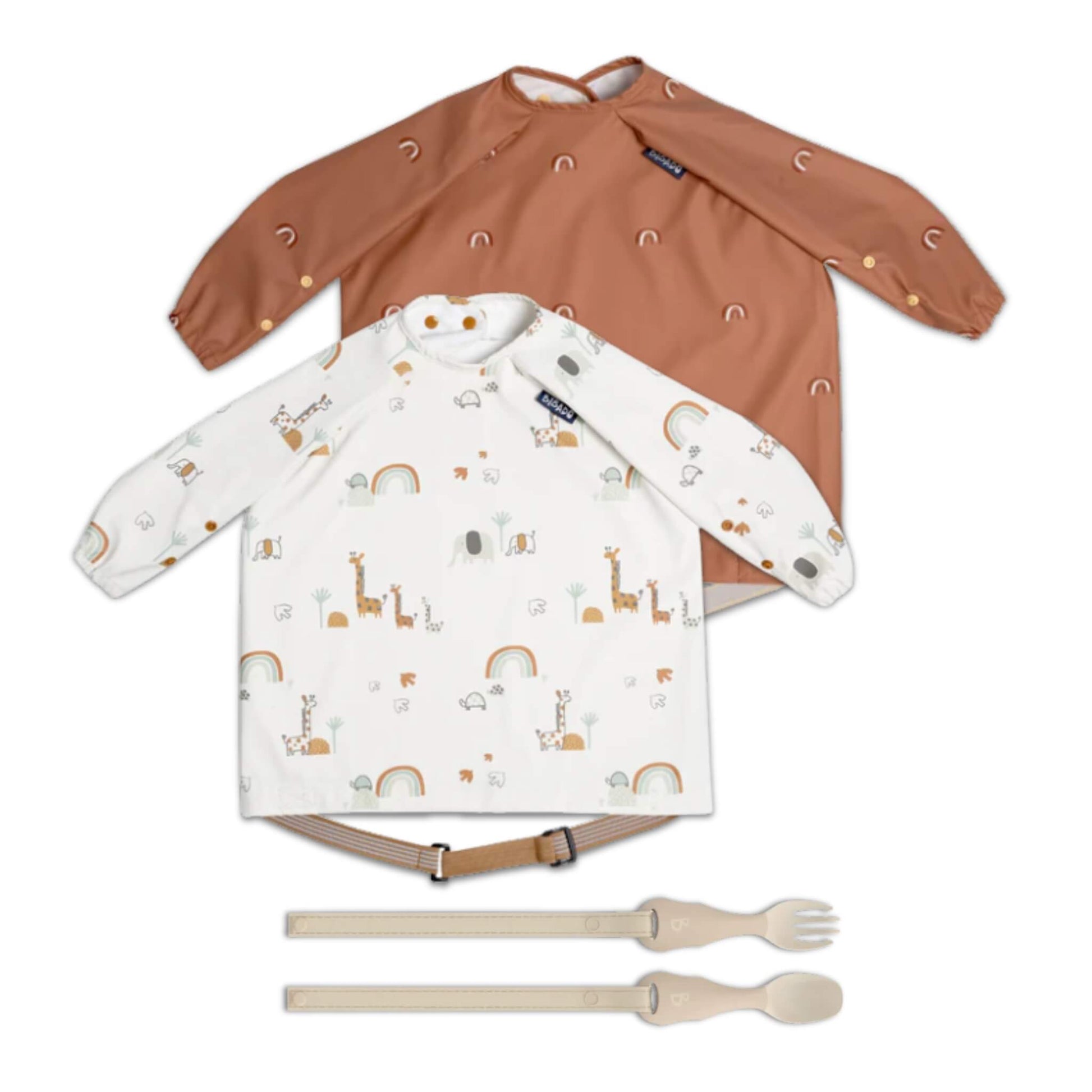 Bibado Long Sleeve Coverall Bib & Weaning Cutlery Bundle with Serengeti Spaghetti print bib, Chasing rainbows bib and fawn coloured attachable cutlery laid out flat.