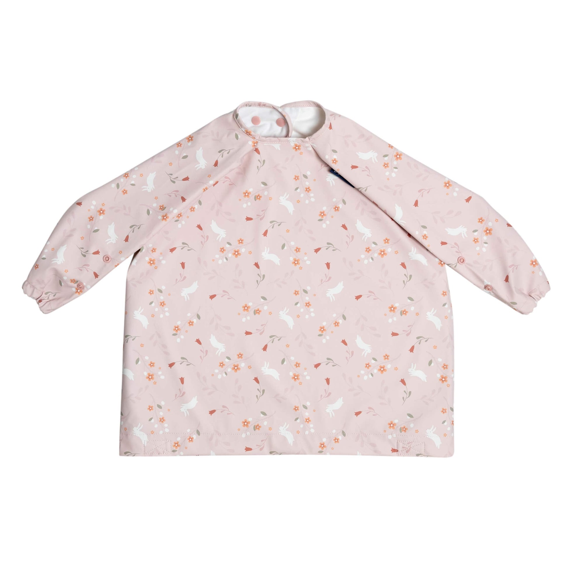 Bibado weaning bib in a pink floral and bunny design, displayed flat without the strap attached.